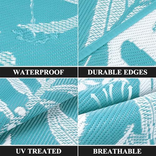 Pauwer Waterproof Outdoor Rug 9x12, Plastic Straw Patio Rug, Floral Teal - Image 3