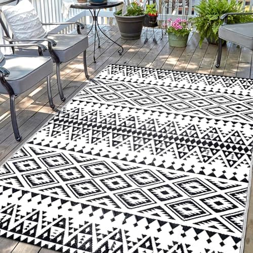 Waterproof Outdoor Rug 5x8ft, Bohemia Reversible Plastic Straw Mat for Patio RV Deck Porch Backyard Balcony Camping Picnic Beach Indoor Outdoor Carpet, Black&White by DiiKoo