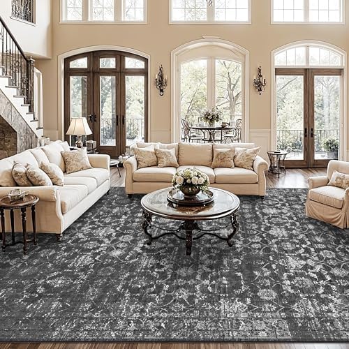 10x12 Washable Living Room Area Rug Non-Slip Retro Black Large Carpet by HOME