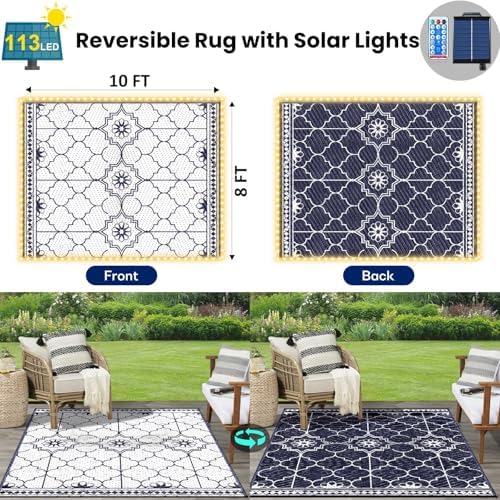Lighted Outdoor Rug 8x10 ft, Solar Powered Patio Rug with 113 LED Lights, Waterproof Plastic Reversible Outdoor Straw Rugs, Rugs Mat for House Deck RV Camping Patio Beach Balcony Picnic (Blue White) - Image 2