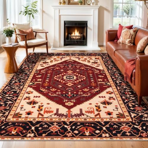 SERISSA 6x9 Washable Non Slip Boho Area Rug for Living Room，Red Black by SERISSAHomeDecorCollection