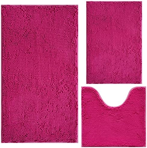 Bathroom Rugs Chenille 3-Piece Extra Soft and Absorbent Shag Bathroom Rugs, Machine Wash Mat, Strong PVC Non-Slip Underside, Plush Carpet Mats (Rose Red) by BOANKODU