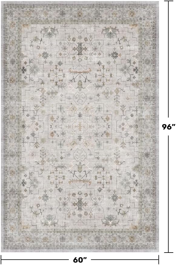 Hazo Haus Washable 5x8 Living Room Rug - Light Gray & Sage Area Rug for Nursery, Dining Under Table, Bedroom, Modern Vintage Eclectic Geometric Floral Neutral, Low Pile Stain Resistant - Image 2