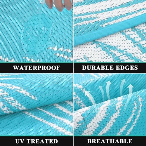 Pauwer Waterproof Outdoor Rug 5x8, Plastic Straw Patio Mat, Leaf Teal - Image 3