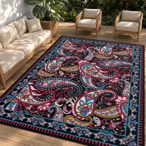 Arenarug Paisley Waterproof Outdoor Rug 8x10, UV Resistant, Magenta‌ by ArenaRug
