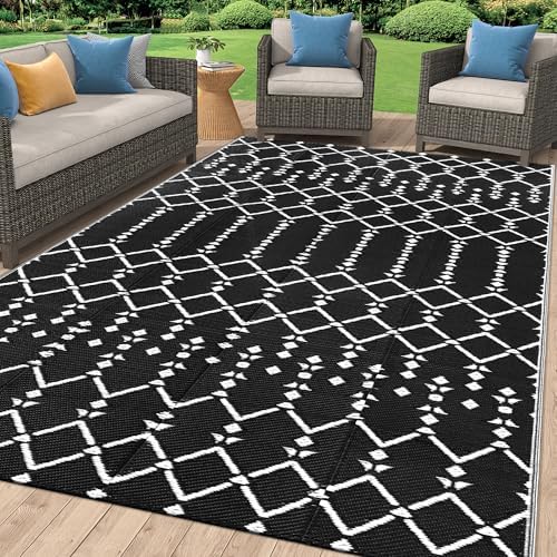 Smiry Outdoor Rug 9x12 ft Waterproof Reversible Boho Mat, Black by Smiry