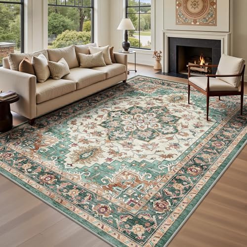 6x9 Area Rugs - Washable Rug Vintage Distress Boho Medallion Rugs for Living Room, Soft Non-Slip Backing Low Pile Carpet for Bedroom Dining Room Office Nursery Dorm Home, Green Brown by Yarooge