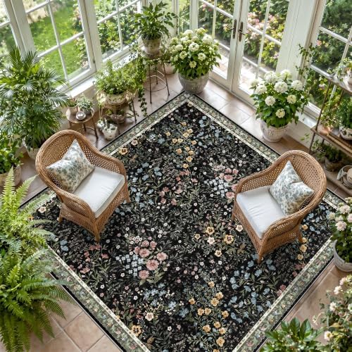 9x9 Square Area Rug Living Room, Non-Slip Floral Washable 8ft Square Rug Low Pile Thin Indoor Carpets for Dining Room Bedroom Office High Traffic Area Boho Vintage Home Decor (9ft Square, Black) - Image 4