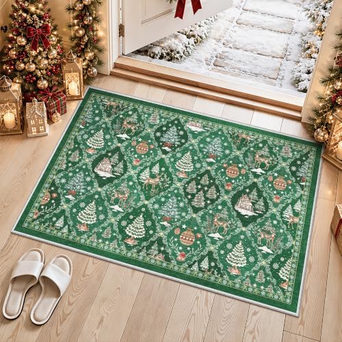 2x3 Christmas Small Non-Slip Area Rug, Green Washable Entryway Carpets - Image 3