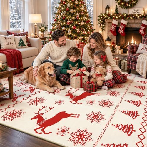 Christmas 5x7 Area Rugs for Living Room, Washable Rug Soft Non-Slip Low Pile Christmas Tree Elk Snowflake Carpet for Kitchen Bedroom Kids Nursery Holiday Throw Home Decor(Red/Cream Elk) - Image 3