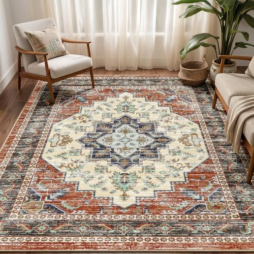 Area Rugs 5x7 Washable Non-Slip Boho Rug for Living Room, Taupe Red by tubeamin