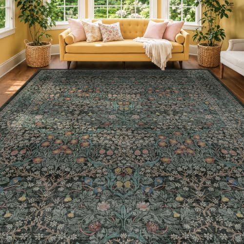 Floral Dark Green Washable Area Rugs 8x10, Vintage Living Room Rug by HazoHaus