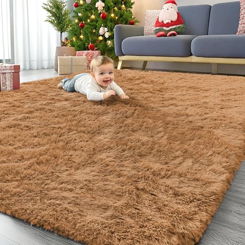OLANLY 6x9 Machine Washable Large Area Rugs for Living Room, Bedroom, Soft Fluffy Shaggy Bedside Rug, Indoor Floor Carpet for Kids Girls and Boys, Dorms, Nursery, Home Decor Aesthetic, Khaki by OLANLY