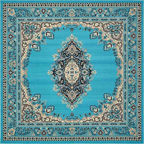 Unique Loom Reza Collection Traditional Persian Style Area Rug, 8' 0" x 8' 0", Turquoise/Ivory by UniqueLoom