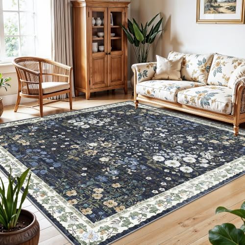7x7 Vintage Floral Dining Room Rug - 7ft Square Low Pile Non Slip Machine Washable Area Rug, Indoor Carpet for Under Table/Bed Living Room Bedroom Office Nursery Entryway Playroom (7ft Square, Green) - Image 3