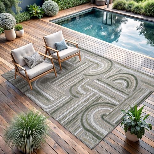 CAMILSON Indoor Outdoor Rug, Beige 9x12 Geometric Arch Striped Large Area Rugs for Patio and Home Areas, Easy-Cleaning Non-Shedding Living Room, Garden and Deck Washable Outside Carpet (9 x 12) by CAMILSONIndoorOutdoorAreaRugs
