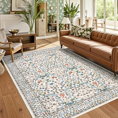 GarveeHome Beige Floral 5x7 Washable Area Rug for Living Room Bedroom by GarveeHome