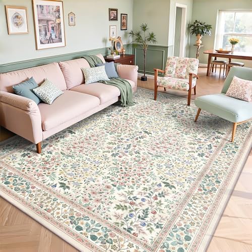 6x9 Area Rugs, Machine Washable Low Pile Floral Rugs for Living Room, Bedroom, Large Boho Area Rug with Non-Slip Backing for Dining Room(Pink Floral) by Yarooge
