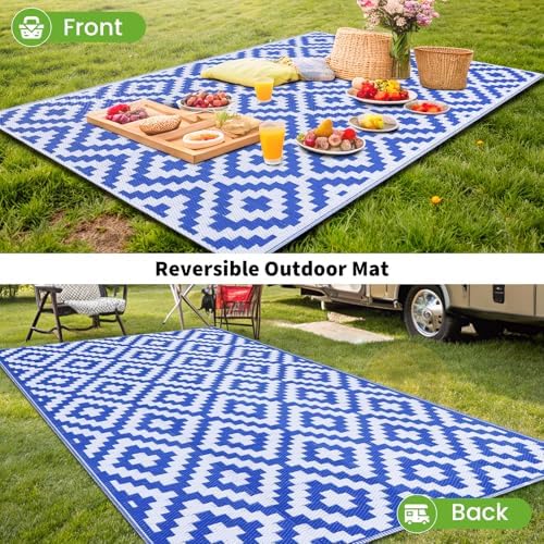 Smiry Outdoor Rug 4x6 ft Waterproof Reversible Boho Mat, White & Blue - Image 6