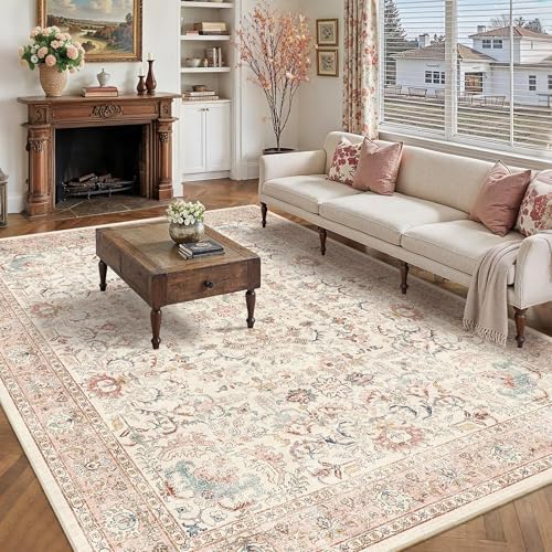 9x12 Washable Living Room Area Rug Non-Slip Vintage Pink Large Carpet - Image 5