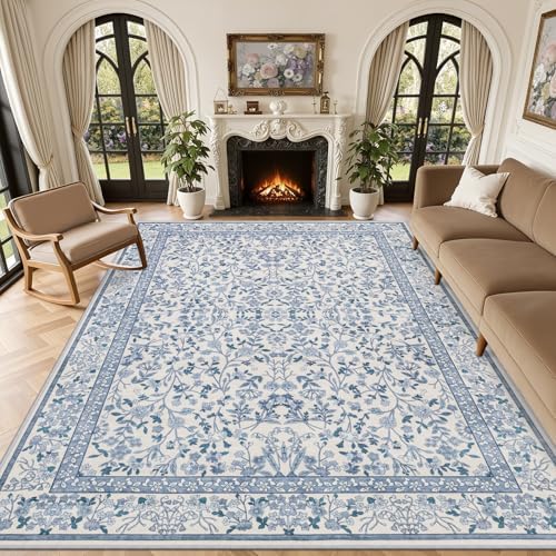 10x12 Area Rug Living Room: Soft Floral Washable Carpet Blue by EXPEDIX