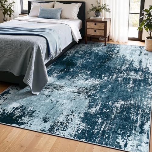 5x7 Rugs for Living Room - Modern Abstract Washable Rug, Ultra Soft Non Slip Low Pile Large Rugs, Floor Carpet for Bedroom Dining Room Office Laundry Nursery Home（Ocean Blue） - Image 3