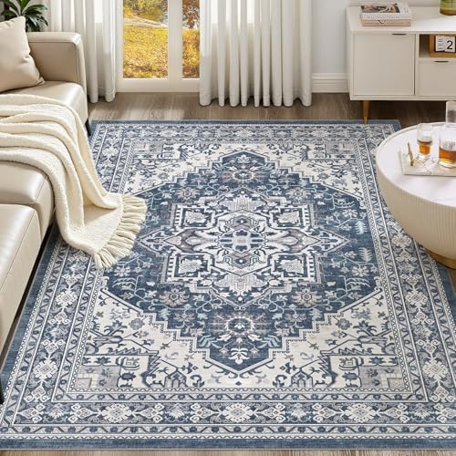 UERMEI 9x12 Area Rug for Living Room - Washable Vintage Carpet, Non-Slip Soft Large Indoor Floor Rugs for Bedroom Home Office & Under Dining Table Decor, Denim Blue/White - Image 3