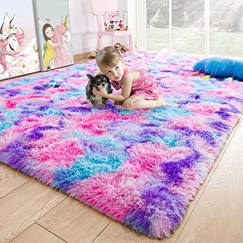 5x7 Tie-Dyed Pink Purple Blue Fluffy Area Rug Non-Slip for Kids Bedroom by ModernHomeDecor