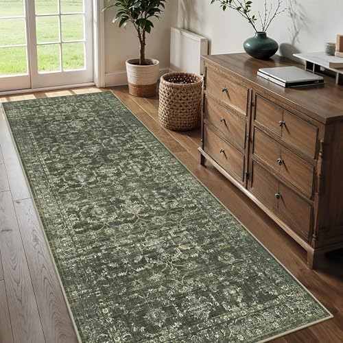 3x8 Washable Kitchen Runner Rug Non-Slip Boho Dark Green Throw Carpet - Image 2