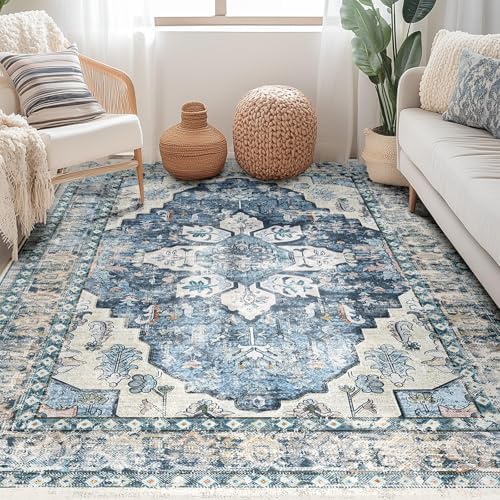 BESTSWEETIE 3x5 Area Rug Washable Rugs for Living Room, No Pile Boho Carpet for Entryway Bedroom Dinning Room, Vintage Carpet Print Distressed Non-Slip, 3 x 5 ft, Blue Navy - Image 2