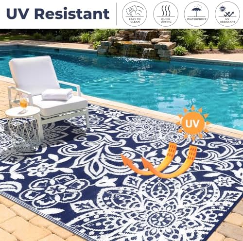 Findosom Waterproof Outdoor Rug 8' x 10' - Reversible Mandala Outdoor Plastic Straw Rug, Durable Foldable Patio Rug for RV, Deck, Balcony, Backyard, Picnic, Porch, Camping, Beach, Navy - Image 3