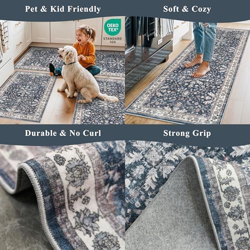 Kitchen Rug Sets 4-Piece with Runner – Washable Non-Slip Floor Mats for Sink, Entryway, Hallway, Bathroom – Soft Low-Pile Thin Boho Floral Rugs, New Home Decor (Blue, 2x3+2x4+2x5+2x6) - Image 4