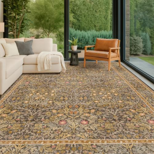 Large 8x12 Boho Living Room Rug - Gold Brown Geometric Floral Area Rug for Dining Room Under Table, Bedroom Under Bed, Low Pile & Soft - Vintage Design & Stain Resistance Carpet by HazoHaus