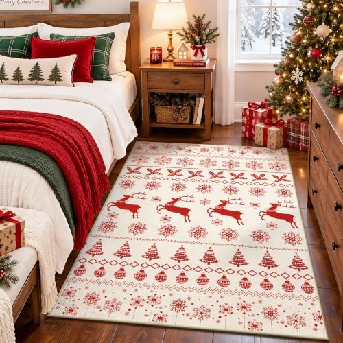 Christmas 4x6 Area Rugs for Entryway, Washable Rug Soft Non-Slip Low Pile Christmas Tree Elk Snowflake Small Carpet for Kitchen Living Room Bedroom Kids Nursery Holiday Throw Home Decor(Red/Cream Elk) - Image 4