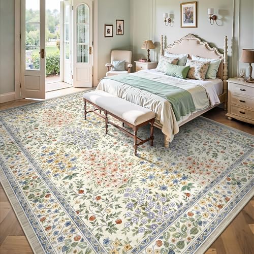 8x10 Area Rugs, Machine Washable Low Pile Floral Rugs for Living Room, Bedroom, Large Boho Area Rug with Non-Slip Backing for Dining Room(Beige Floral) - Image 3