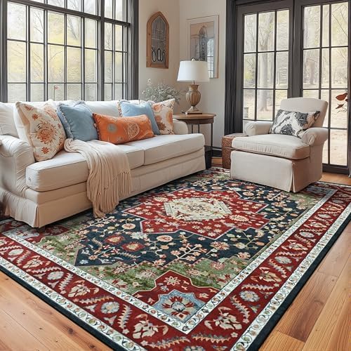 YJ.GWL Area Rugs for Living Room 5x7 Machine Washable Rugs, Non Slip Floral Vintage Rug Indoor Carpet, Stain Resistant Large Rug for Bedroom Dining Room, Red Green - Image 2