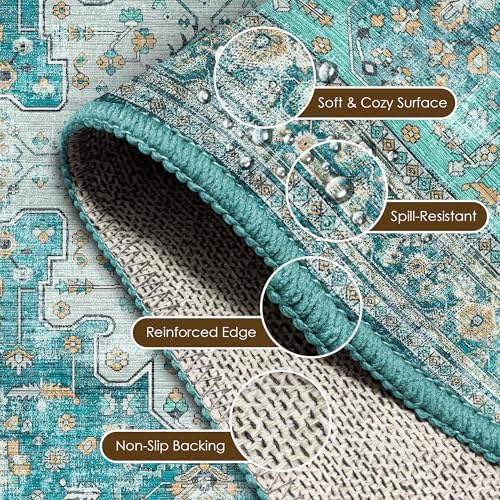 Washable Area Rug 6' x 9' Vintage Traditional Persian Mat - Foldable Distressed Non-Slip Machine Washable Carpet for Living Room Bedroom Kitchen Home Decor - Teal and Gold - Image 6