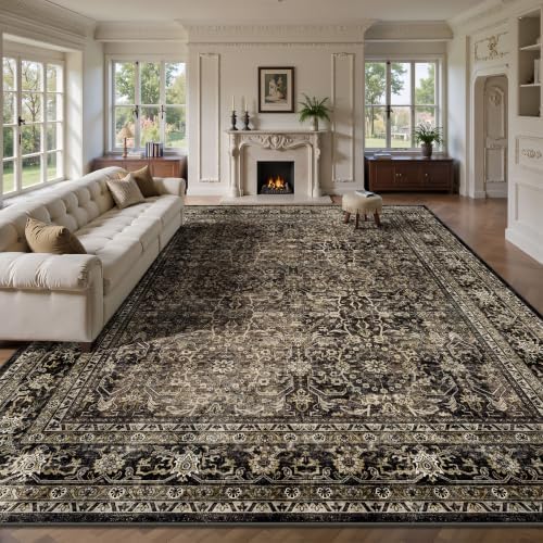 10x14 Area Rugs for Living Room - Washable Vintage Retro Large Rug, Soft Ultra Thin Non Slip Low Pile Traditional Distressed Boho Carpet for Bedroom Dining Room Home Office, Brown by Yarooge