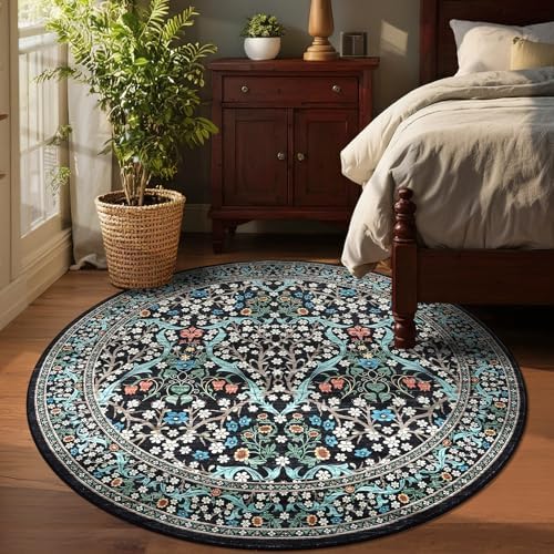GarveeHome Black Floral 4 ft Round Rug Washable Non-Slip Soft Low Pile Small Circle Carpet Vintage Rugs for Kitchen Bedroom Nursery Dining Living Room - Image 4