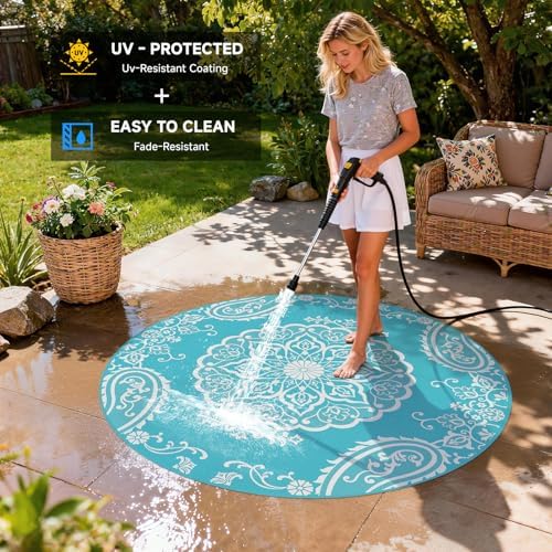 Pauwer Outdoor Rug 6ft, Waterproof Plastic Straw Camping Rug, Boho Teal - Image 4