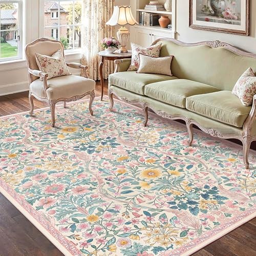 Floral Area Rug 5x7 Washable Botanical Carpet for Living Room by NakedCloud