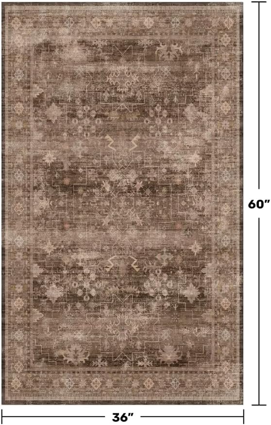 Boho Taupe Brown 3x5 Large Entryway Rug - Modern Vintage Traditional Eclectic Oriental Neutral, Washable Low Pile Non-Slip Area Rugs for Door Mat Indoor Entrance, Kitchen, Laundry - Image 2