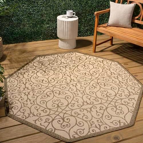 JONATHAN Y Vintage Filigree Indoor Outdoor Octagon Area Rug 8 Ft Beige/Brown, Madrid Textured Weave for Backyard, Patio, Porch, Easy-Cleaning, High Traffic, Pet-Friendly, Non-Shedding (SMB107B-8TGN) - Image 3