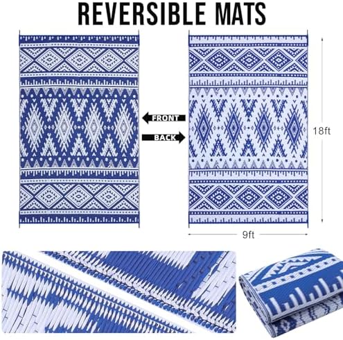 OLANLY Outdoor Rug 9x18 ft Waterproof Reversible Boho Mat, Blue & White - Image 2