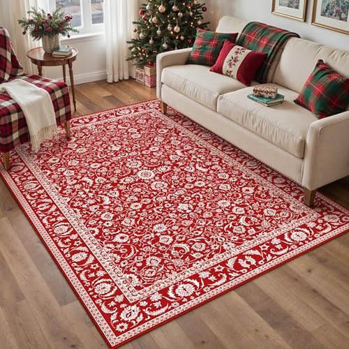 HUGEAR 3x5 Christmas Red Floral Washable Area Rug for Entryway by HUGEAR