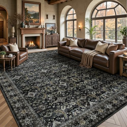 8x10 Area Rugs for Living Room - Washable Vintage Retro Large Rug, Soft Ultra Thin Non Slip Low Pile Traditional Distressed Boho Carpet for Bedroom Dining Room Home Office, Black Gold - Image 3