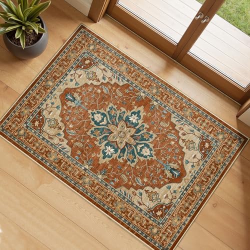 RELEANY Washable Area Rug, Small 2'x4', Red/Orange/Blue/Brown by RELEANY
