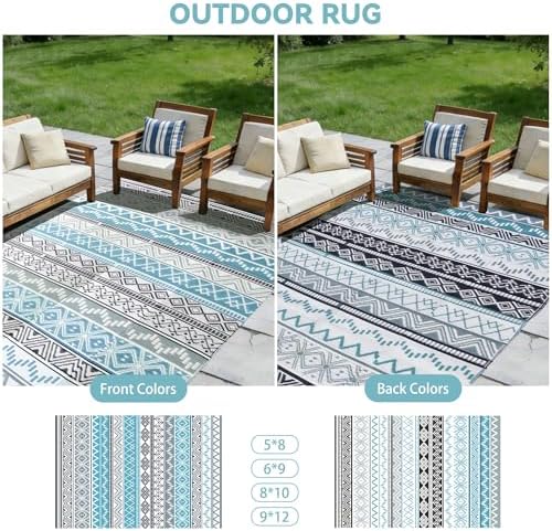 Outdoor Rug 6 x9 ft, Plastic Rug for Patio, Blue & Grey - Image 2