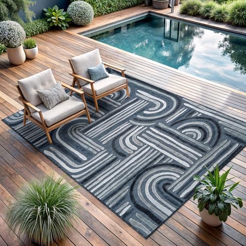 CAMILSON Indoor Outdoor Rug, Navy Blue 8x10 Geometric Arch Striped Area Rugs for Patio and Home Areas, Easy-Cleaning Non-Shedding Living Room, Garden and Deck Washable Outside Carpet (8 x 10) - Image 6