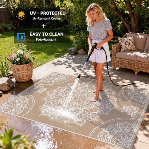 Pauwer Waterproof Outdoor Rug 6x9, Plastic Straw Patio Mat, Floral Brown - Image 4